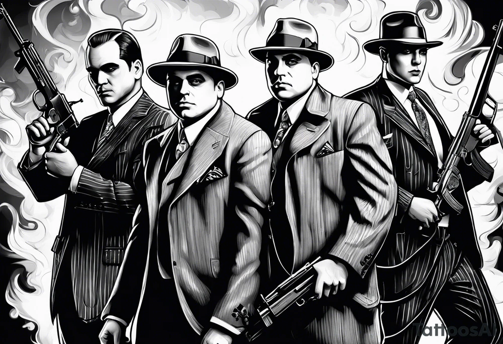 group of gangsters including Al Capone and bonnie and Clyde with machine guns surrounded by smoke and fire tattoo idea