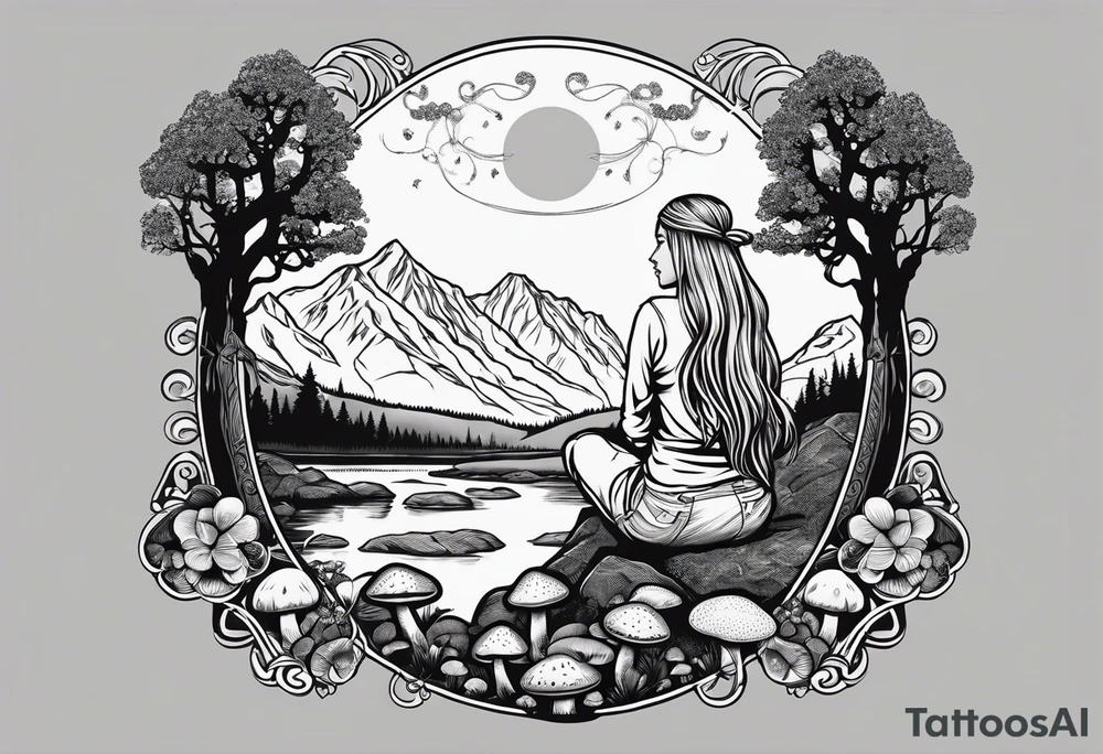 Whole picture encircled fully

Straight long blonde hair hippie girl in distance holding mushrooms in hand facing away toward mountains and creek surrounded by mushrooms long sleeve shirt and hiking pants; whole rendering within a full celtic circle border, no cut off circle tattoo idea