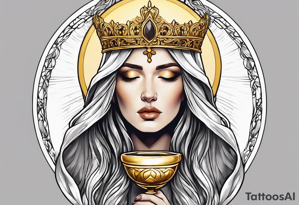 holy saint woman turned away with golden halo holding a chalice tattoo idea