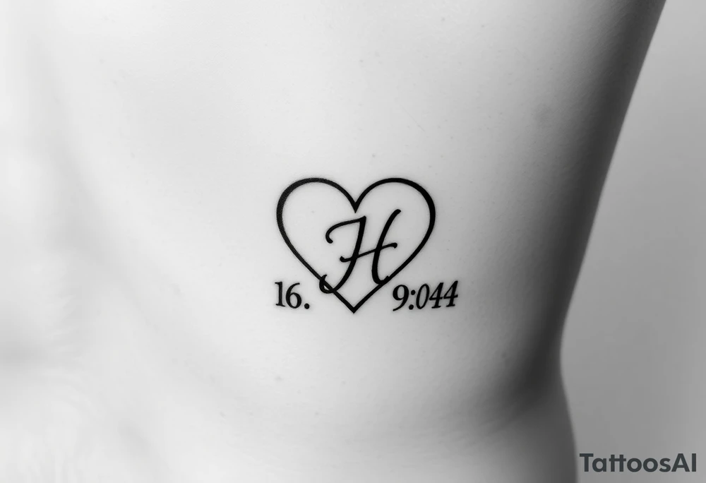 06-09-04 written and under the date is a heart inside the heart is a letter H in cursive on the lower back waist tattoo idea