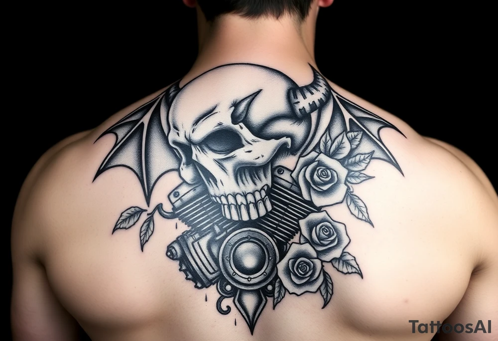 full back with demon Skull and motorcycle engine with
 roses tattoo idea