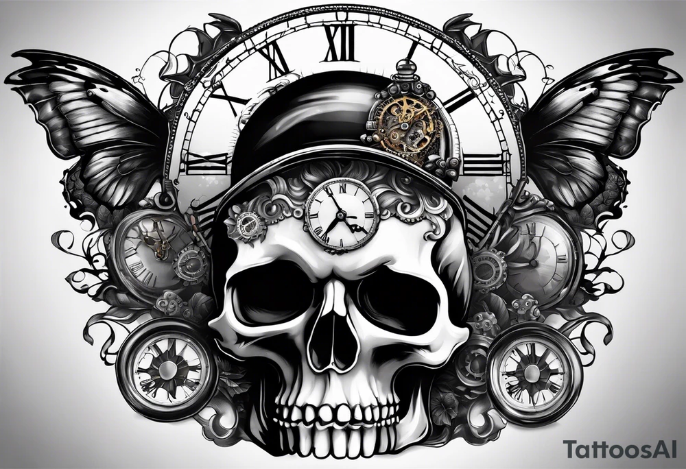 Steampunk skull, with clock and hour glass tattoo idea