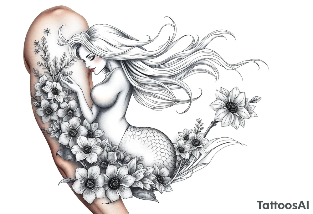 ethereal mermaid with flowing hair among coral and sea flowers tattoo idea