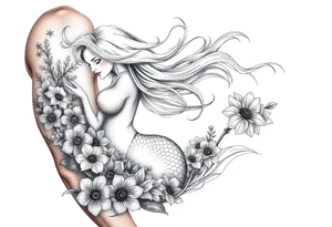 ethereal mermaid with flowing hair among coral and sea flowers tattoo idea
