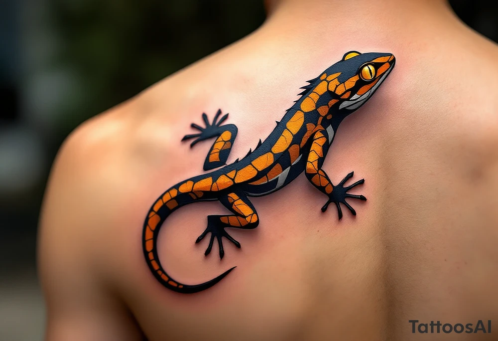 Tribal desert lizard with cracked earth texture – A sleek, agile lizard in motion, designed with tribal curves and sharp angles along its spine. Its skin mimics the pattern of sunbaked, cracked earth, blending tones of burnt orange, dusty brown, and charcoal black. The tail coils elegantly, forming a spiral, while the eyes gleam in golden yellow, symbolizing survival, transformation, and primal instincts. tattoo idea