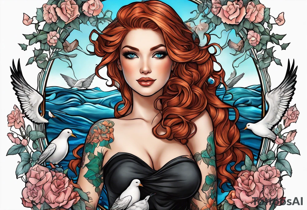 Black Aphrodite with auburn hair and ocean-blue eyes surrounded with doves and poison ivy sitting on a heart tattoo idea