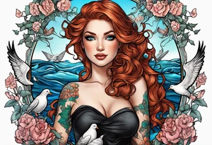 Black Aphrodite with auburn hair and ocean-blue eyes surrounded with doves and poison ivy sitting on a heart tattoo idea