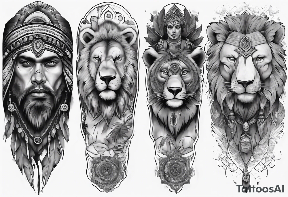 indian realistic leg sleeve, with both indian humans and a bear and maybe a lion more evil tattoo idea