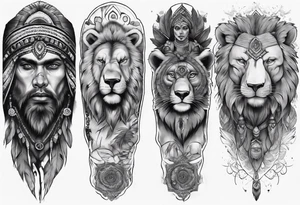 indian realistic leg sleeve, with both indian humans and a bear and maybe a lion more evil tattoo idea