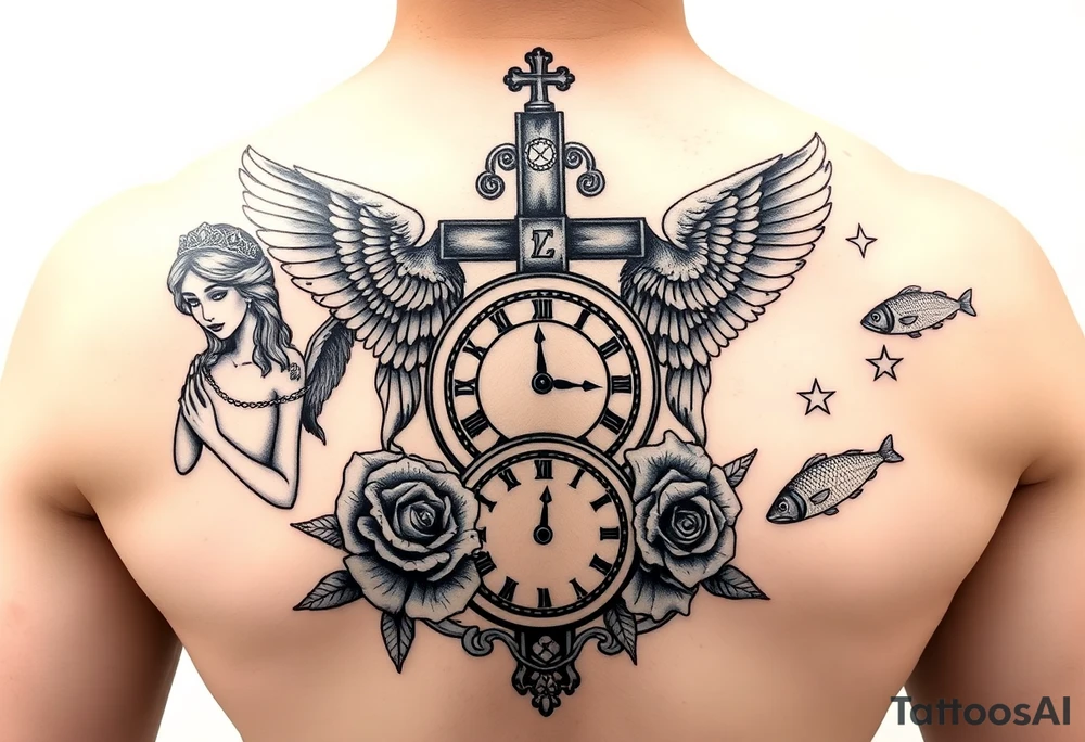 Roulette casino and princess and jesus on cross, baby angels, roses and clock and stars and fish tattoo idea