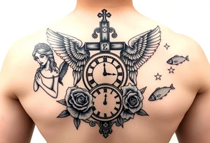 Roulette casino and princess and jesus on cross, baby angels, roses and clock and stars and fish tattoo idea