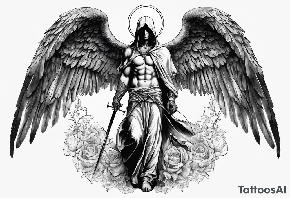realistic full body of angel of death, without face, man tattoo idea