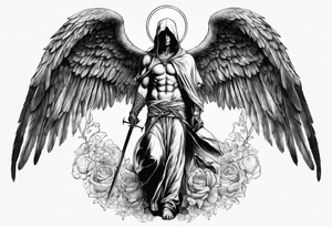 realistic full body of angel of death, without face, man tattoo idea