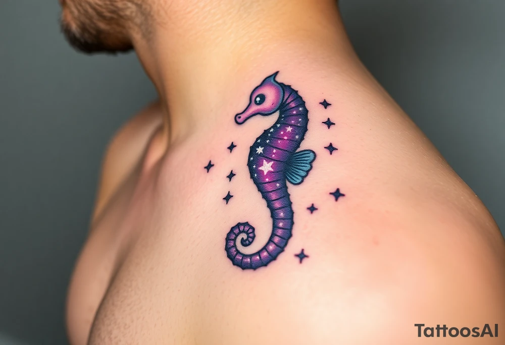 A celestial seahorse floating among the stars, its body made of constellations in purples and silvers. tattoo idea