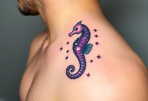 A celestial seahorse floating among the stars, its body made of constellations in purples and silvers. tattoo idea