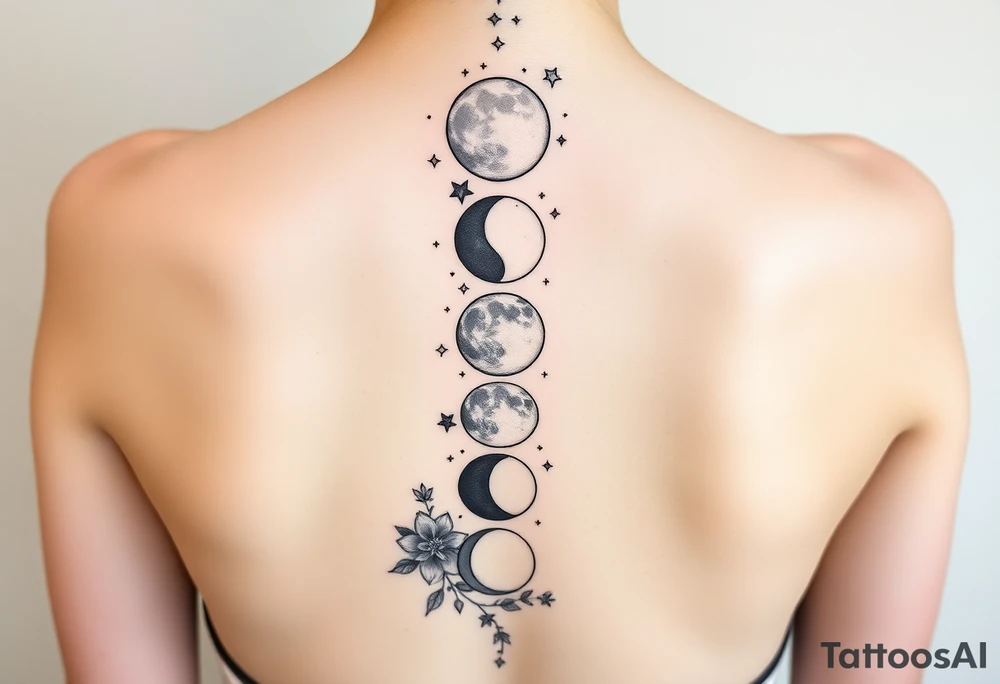 new moon, waxing crescent, first quarter, waxing gibbous, full moon, waning gibbous, last quarter, and waning crescent going down the spine vertically each represent different phases of the moon individually with flowers and vines and stars around it tattoo idea