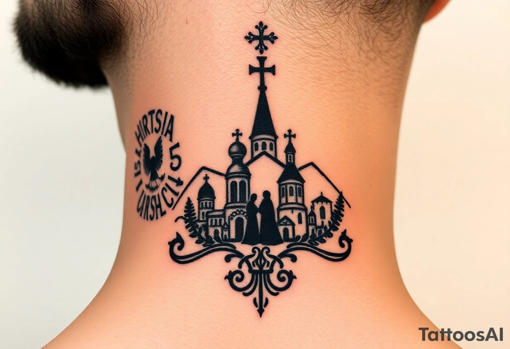 Traditional authentic Russian coat of arms with a Christian orthodox virgin marry in the middle and silhouette in a Russian wilderness Christian orthodoxy dome church village setting tattoo idea