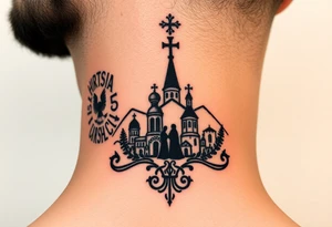Traditional authentic Russian coat of arms with a Christian orthodox virgin marry in the middle and silhouette in a Russian wilderness Christian orthodoxy dome church village setting tattoo idea
