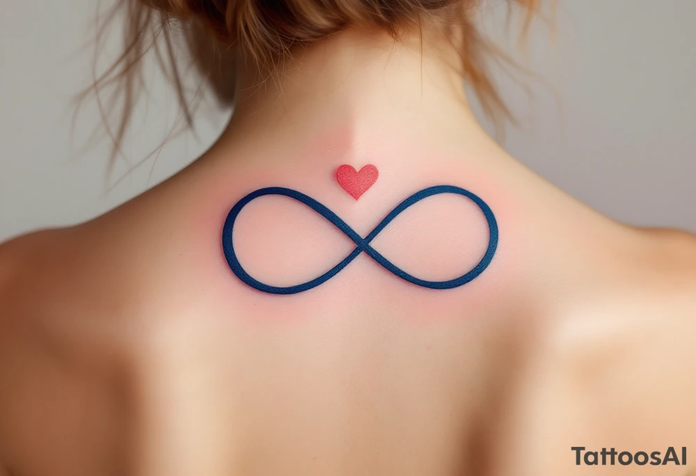 A navy blue infinity figure embracing a glowing coral pink heart at the top located on the back of the head tattoo idea