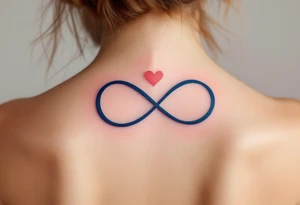 A navy blue infinity figure embracing a glowing coral pink heart at the top located on the back of the head tattoo idea