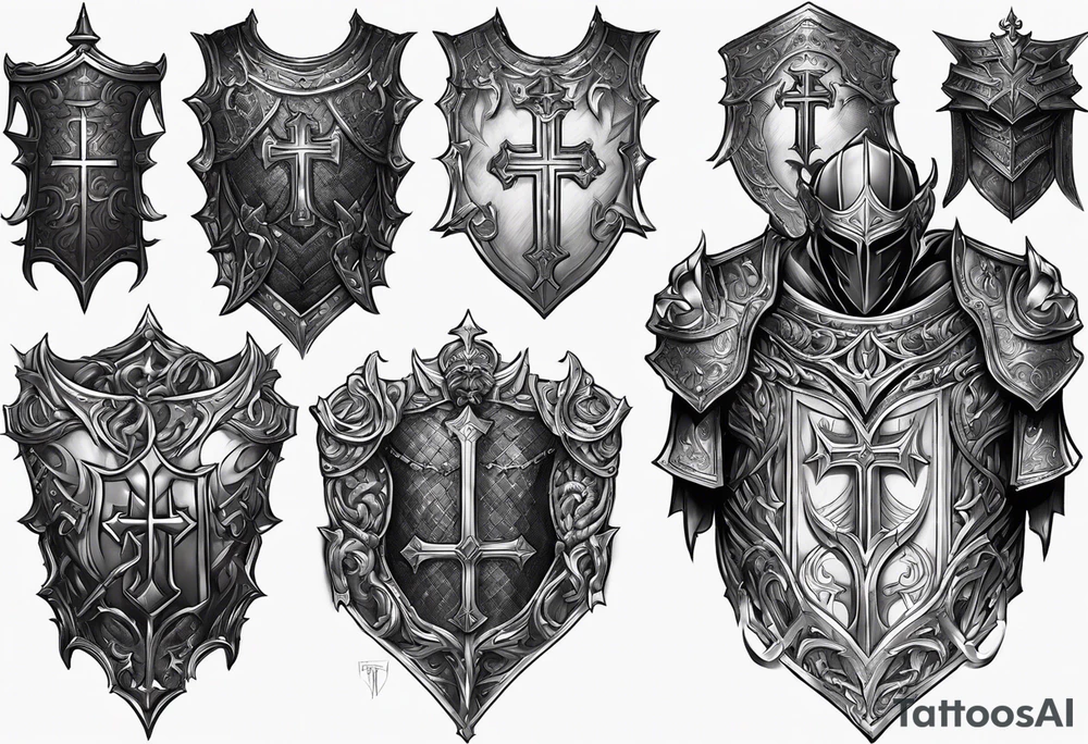 Upper arm, pectoral and back armor, demons crawling up bottom of the chest me back plates with heaven and cross on top of the armor plates, chainmail underneath arm plates tattoo idea