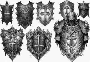 Upper arm, pectoral and back armor, demons crawling up bottom of the chest me back plates with heaven and cross on top of the armor plates, chainmail underneath arm plates tattoo idea