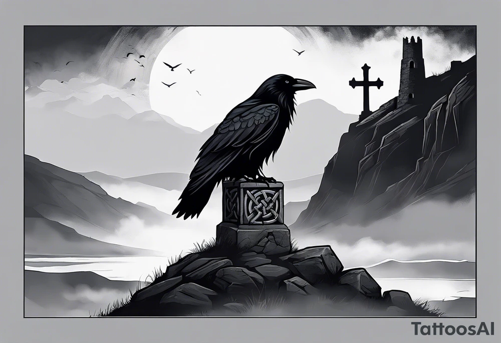 A stone Celtic cross solemnly standing atop a hill, a raven perches atop the cross staring out over the desolation. A ruined stone wall lies crumbling near the cross. Mist rolls along the hilltops adding to the melancholic nature of the scene tattoo idea