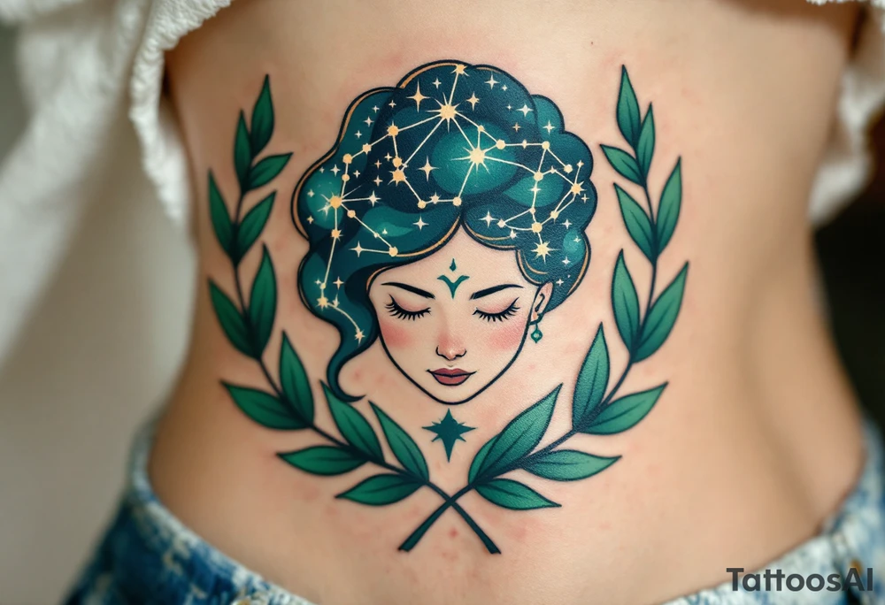 A Virgo constellation in deep emerald green overlays a serene face framed by cornflower-blue laurel leaves. tattoo idea