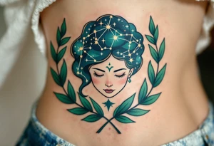 A Virgo constellation in deep emerald green overlays a serene face framed by cornflower-blue laurel leaves. tattoo idea