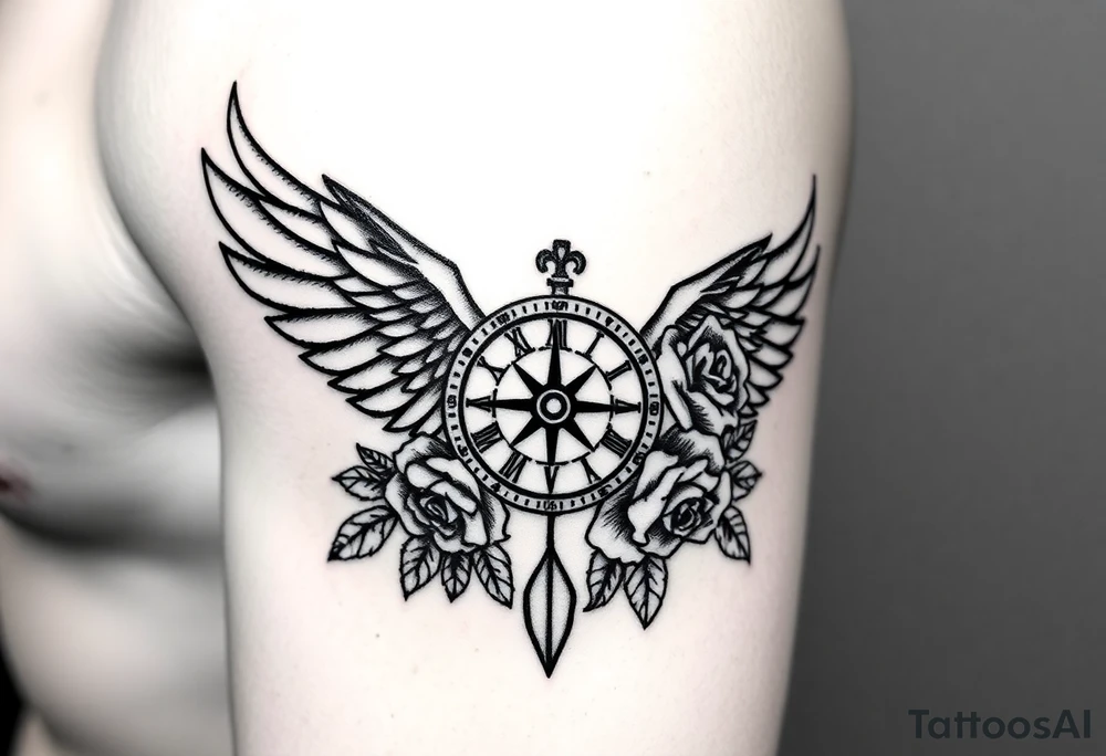 Wing with compass  a clock  with roses tattoo idea