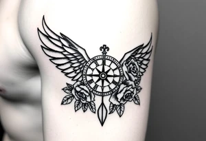 Wing with compass  a clock  with roses tattoo idea