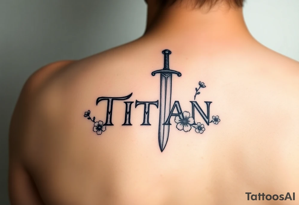 Name ‘Titan’ with birthday, Greek mythology inspired font with mini swords the T in Titan is a sword with cherry blossoms flowers around tattoo idea