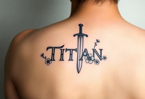 Name ‘Titan’ with birthday, Greek mythology inspired font with mini swords the T in Titan is a sword with cherry blossoms flowers around tattoo idea