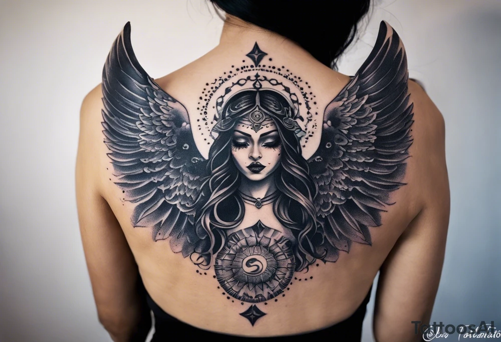 black kali, goddess pirate, alien, angel, pachamama, valkrye, warrior, flying, skull, lotus azul, wing, eagle, zenza resonance, stars, 5D, anahata chakra, death, durga, riding on a tiger, flying lady, chest tatoo tattoo idea