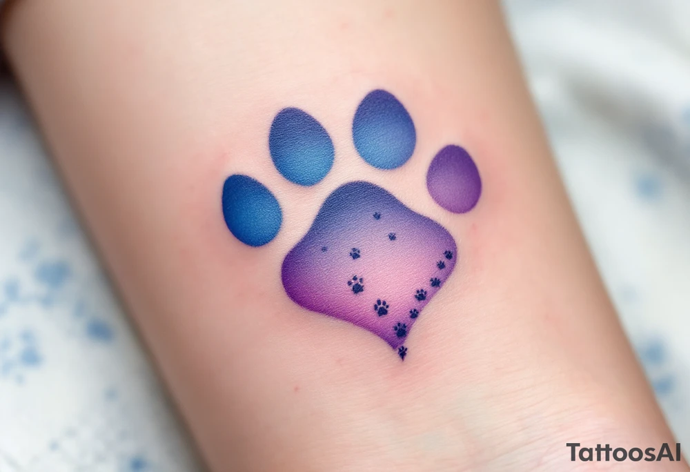A heart-shaped paw with a subtle gradient of light blues and purples, with tiny paw prints trailing off, representing love’s constant journey and loyalty. tattoo idea