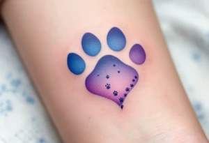 A heart-shaped paw with a subtle gradient of light blues and purples, with tiny paw prints trailing off, representing love’s constant journey and loyalty. tattoo idea