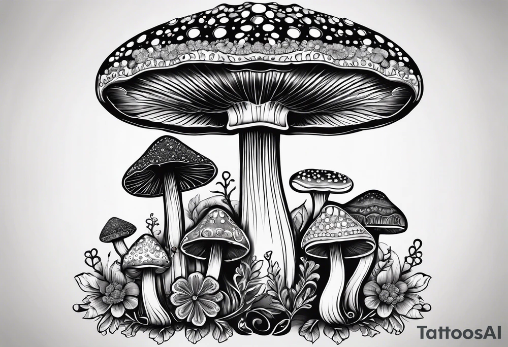 Large Shaggy cap mushroom dripping ink off cap with 4 smaller mushrooms around it mandala henna black tattoo design tattoo idea
