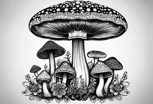 Large Shaggy cap mushroom dripping ink off cap with 4 smaller mushrooms around it mandala henna black tattoo design tattoo idea
