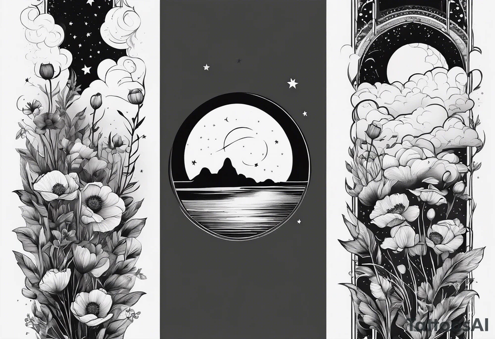 fine line spine tattoo with stars, moon, clouds, poppy tattoo idea