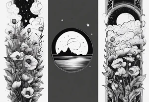 fine line spine tattoo with stars, moon, clouds, poppy tattoo idea