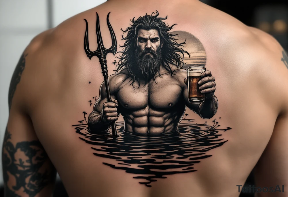 young, fit poseidon in calm water, behind a trident, holding a beer, with sunset tattoo idea