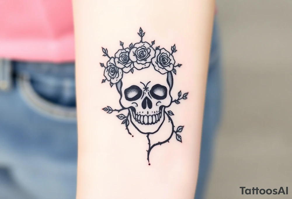 ornate skull adorned with crown of wild roses and thorns tattoo idea