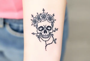 ornate skull adorned with crown of wild roses and thorns tattoo idea