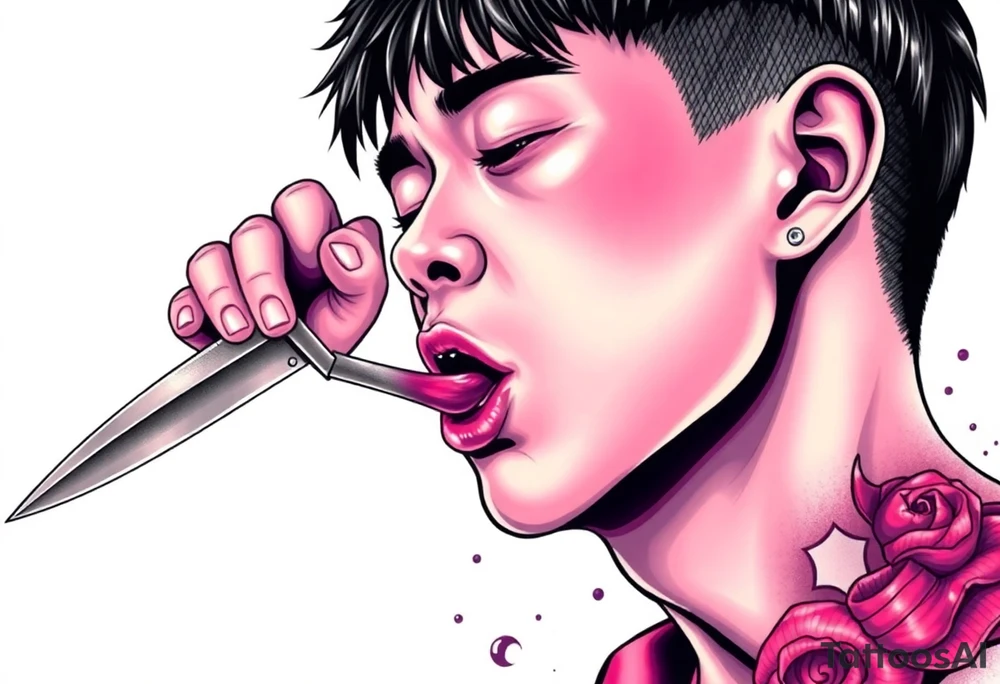 Handsome Asian young guy is licking a knife tattoo idea