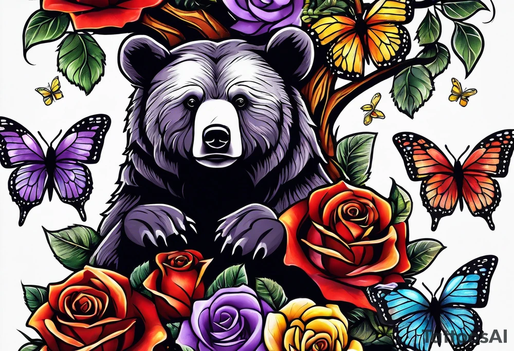 Bear under the tree of life with yellow, purple, and red colored roses and three butterflies for an upper arm tattoo. tattoo idea