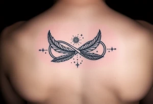 infinity symbol woven with floating feathers and stardust tattoo idea
