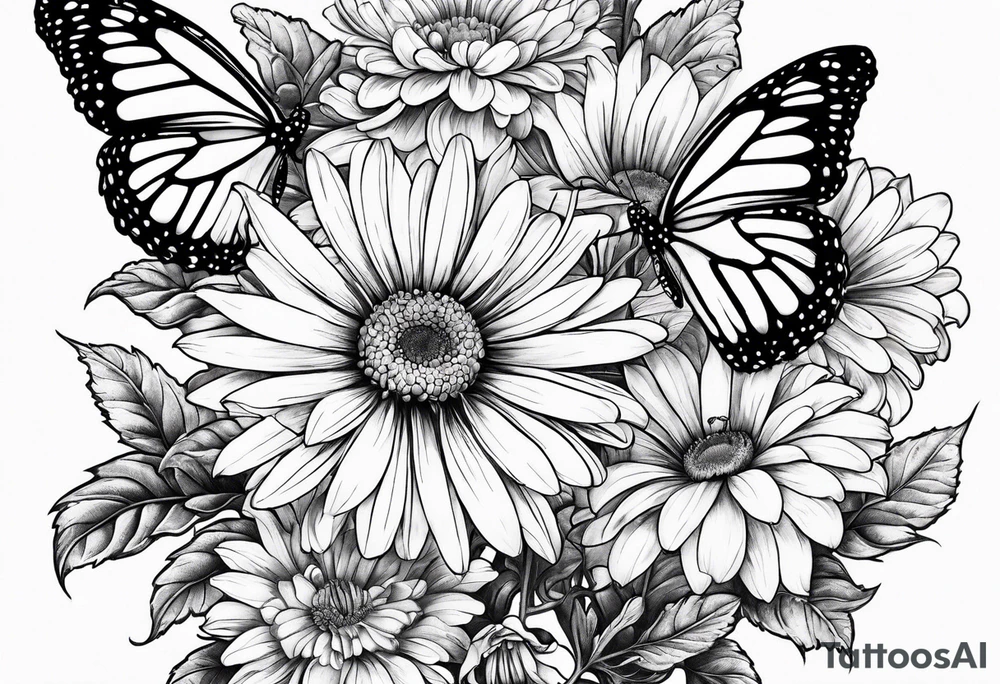 daisies, chrysanthemum and morning glories with a butterfly tattoo idea