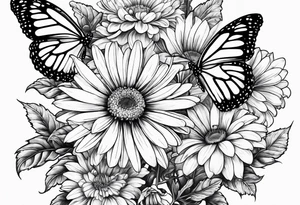 daisies, chrysanthemum and morning glories with a butterfly tattoo idea