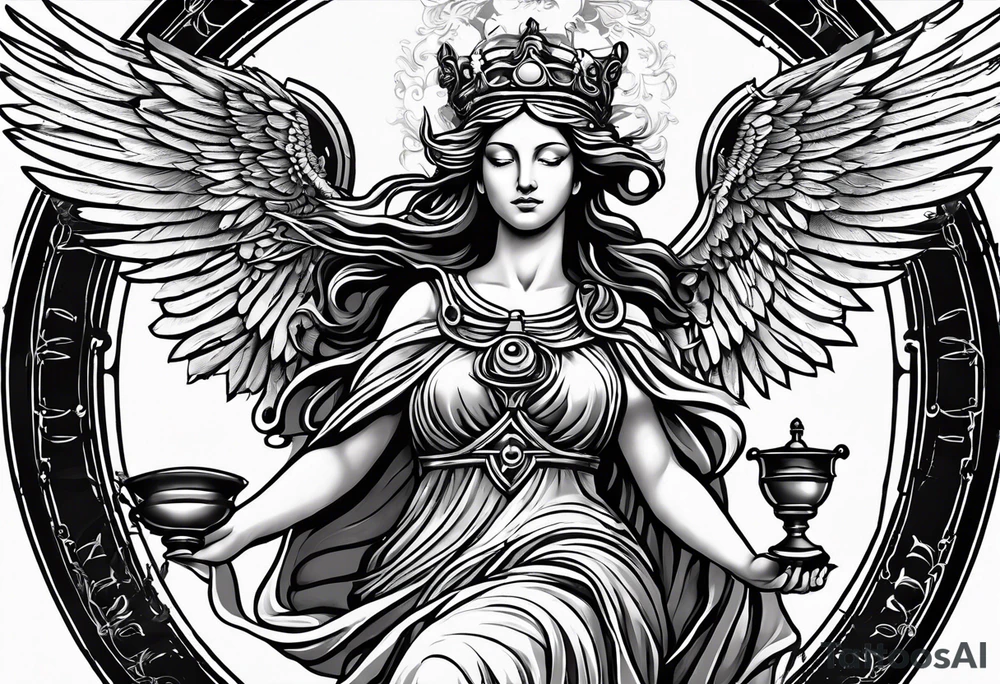 Imagine goddess Justitia with two wings, one angelic, one raven-like. She holds a scale. There is a banderole wrapped around her body with the expression „MEMENTO VIVERE“ on it. tattoo idea