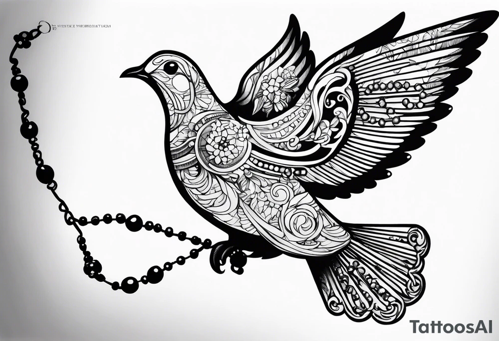 A dove in flight carrying rosary beads tattoo idea